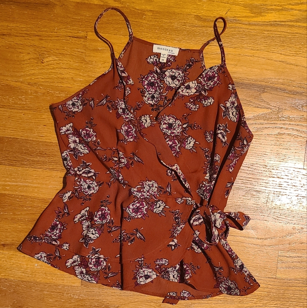 Monteau Rust Asymmetrical Tie-Front Floral Blouse